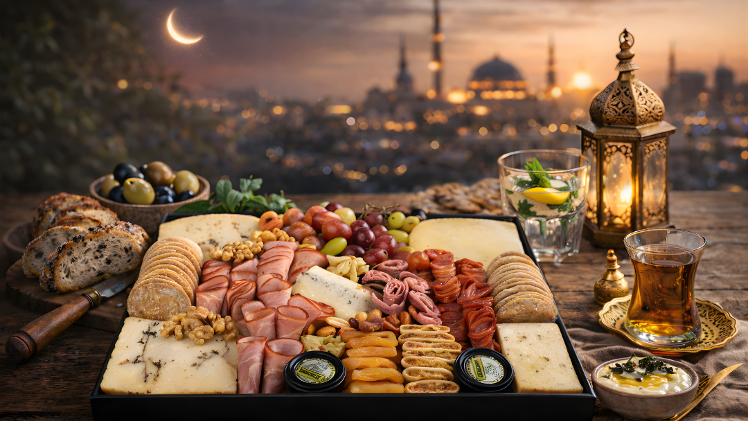 The Cheese Man Ramadan cheese and charcuterie board for Suhoor, featuring artisanal cheeses, halal cold cuts, olives, grapes, crackers, nuts, and dried fruit served with tea and lantern décor at sunset.