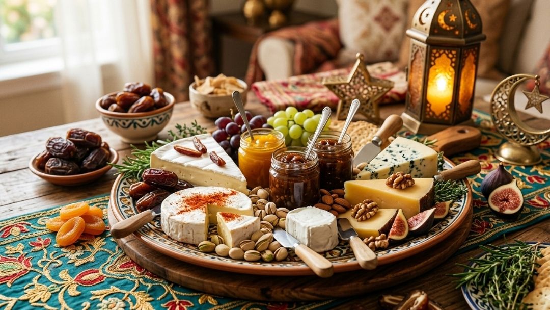 The Cheese Man Eid cheese pairing board featuring artisanal cheeses, dates, nuts, figs, chutneys, and dried fruit arranged with traditional lantern décor for festive gatherings.