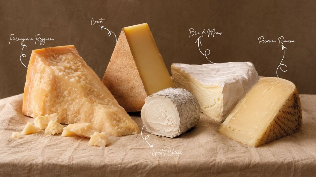 Five artisan cheeses for gut health in summer including Parmigiano Reggiano, Comté, Goat's Cheese, Brie de Meaux, and Pecorino Romano.