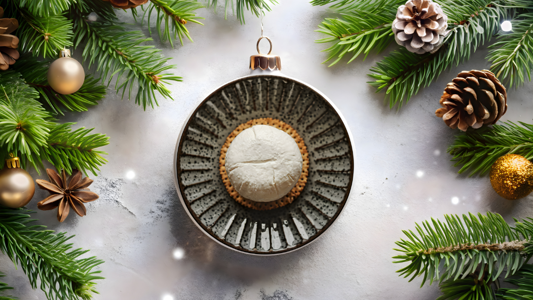 Overhead view of a festive soft cheese presented on a ceramic plate, styled with evergreen branches, pinecones, and Christmas decorations on a light stone surface.