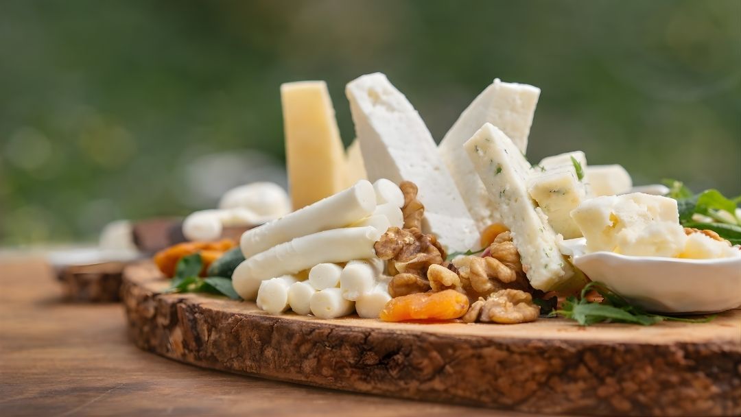 Close-up of a cheese board featuring soft white cheeses, cheese sticks, walnuts, dried apricots, and fresh herbs arranged on a rustic wooden board.
