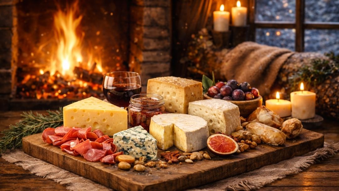 Winter cheese board with assorted cheeses, cured meats, nuts, fruit, and bread arranged on a wooden board in front of a fireplace.