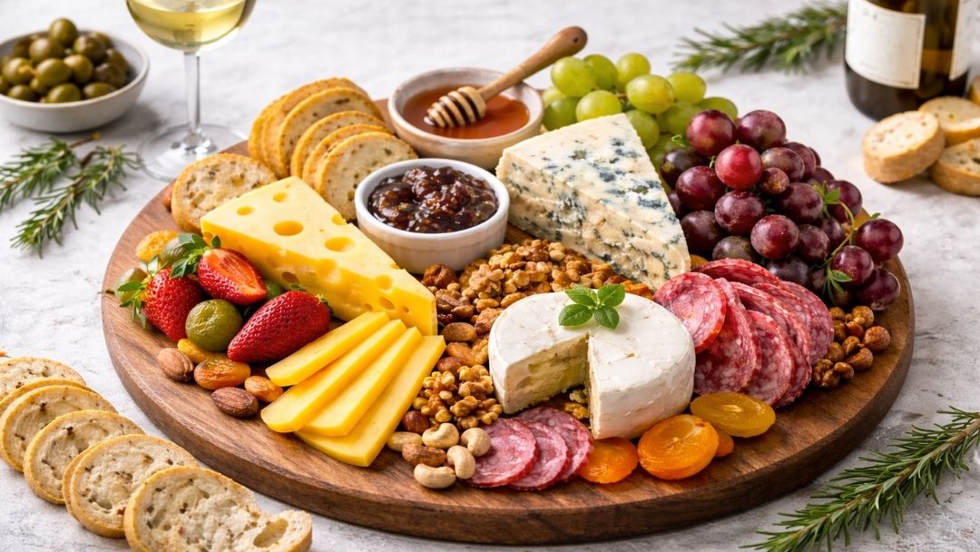 Cheese and charcuterie board with soft and aged cheeses, cured meats, grapes, crackers, nuts, honey, and dried fruit arranged on a round wooden board. The Cheese Man