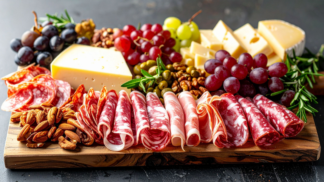 Balanced cheese and charcuterie board with sliced cheeses, cured meats, grapes, nuts, olives, and fresh herbs arranged on a wooden board.