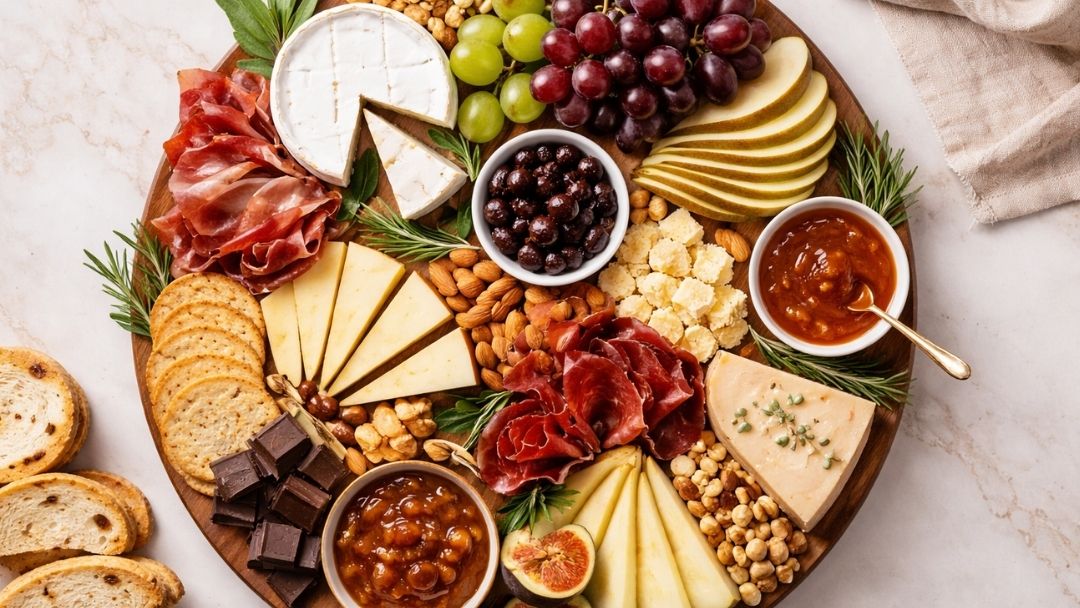Overhead view of a romantic cheese and charcuterie board with assorted cheeses, cured meats, grapes, pears, nuts, crackers, and chutney arranged on a round wooden board.