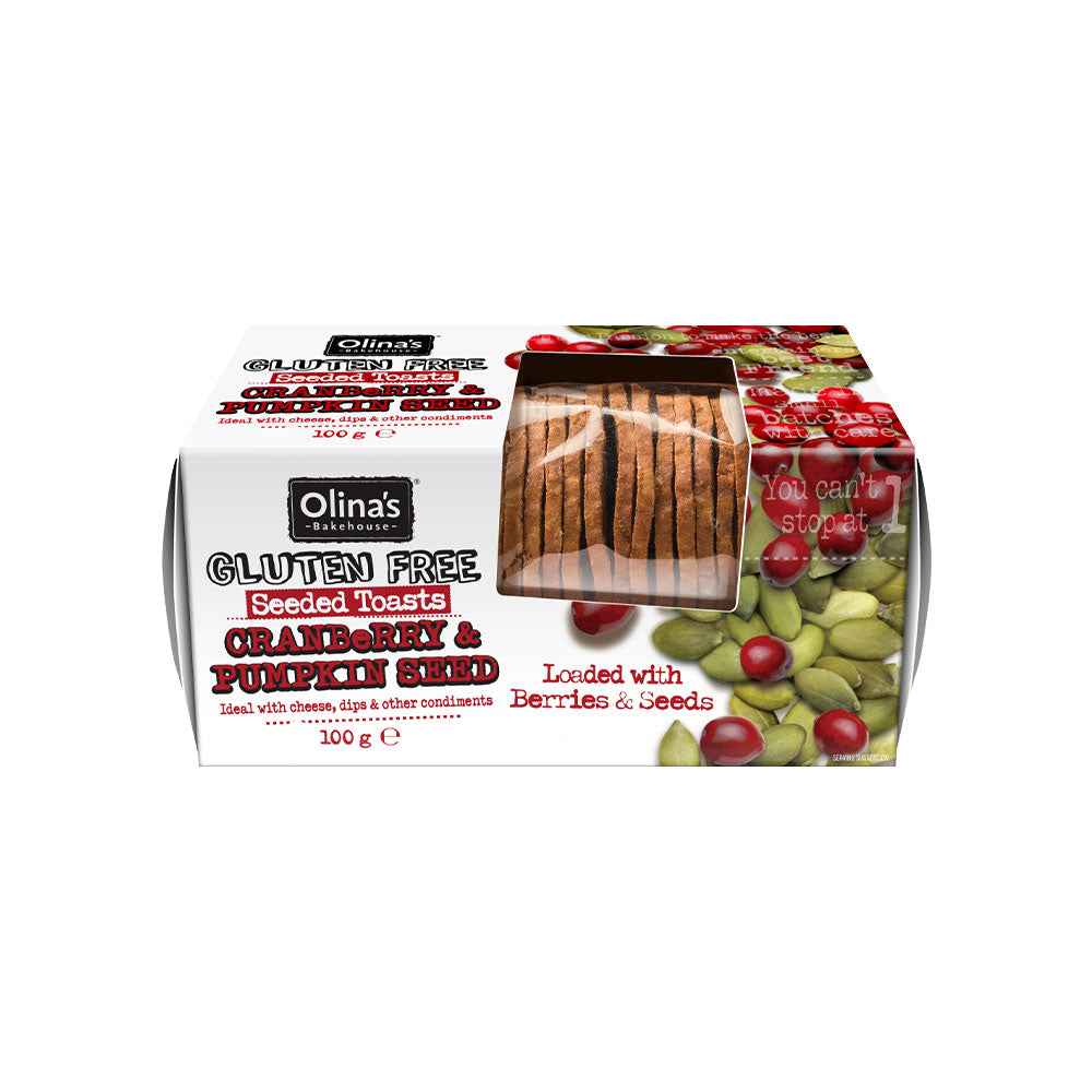 Olina’s Gluten Free Cranberry & Pumpkin Seeded Toasts (100g), crisp artisanal seeded toasts made with cranberries and pumpkin seeds, offering a balanced sweet and nutty flavour ideal for cheese boards, dips, and gourmet pairings.