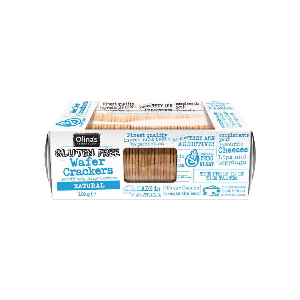 Olina’s Gluten Free Natural Wafer Crackers (100g), light and crisp artisan wafer crackers with a delicate savoury flavour, crafted to pair with cheeses, dips, and gourmet accompaniments.