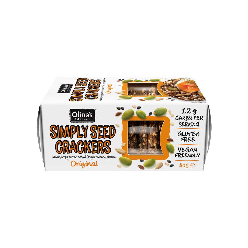 Olina’s Gluten Free Simply Seed Crackers Original (80g), crisp artisan seed crackers made with a blend of wholesome seeds, offering a light crunchy texture ideal for cheese boards, dips, and gourmet snacking.