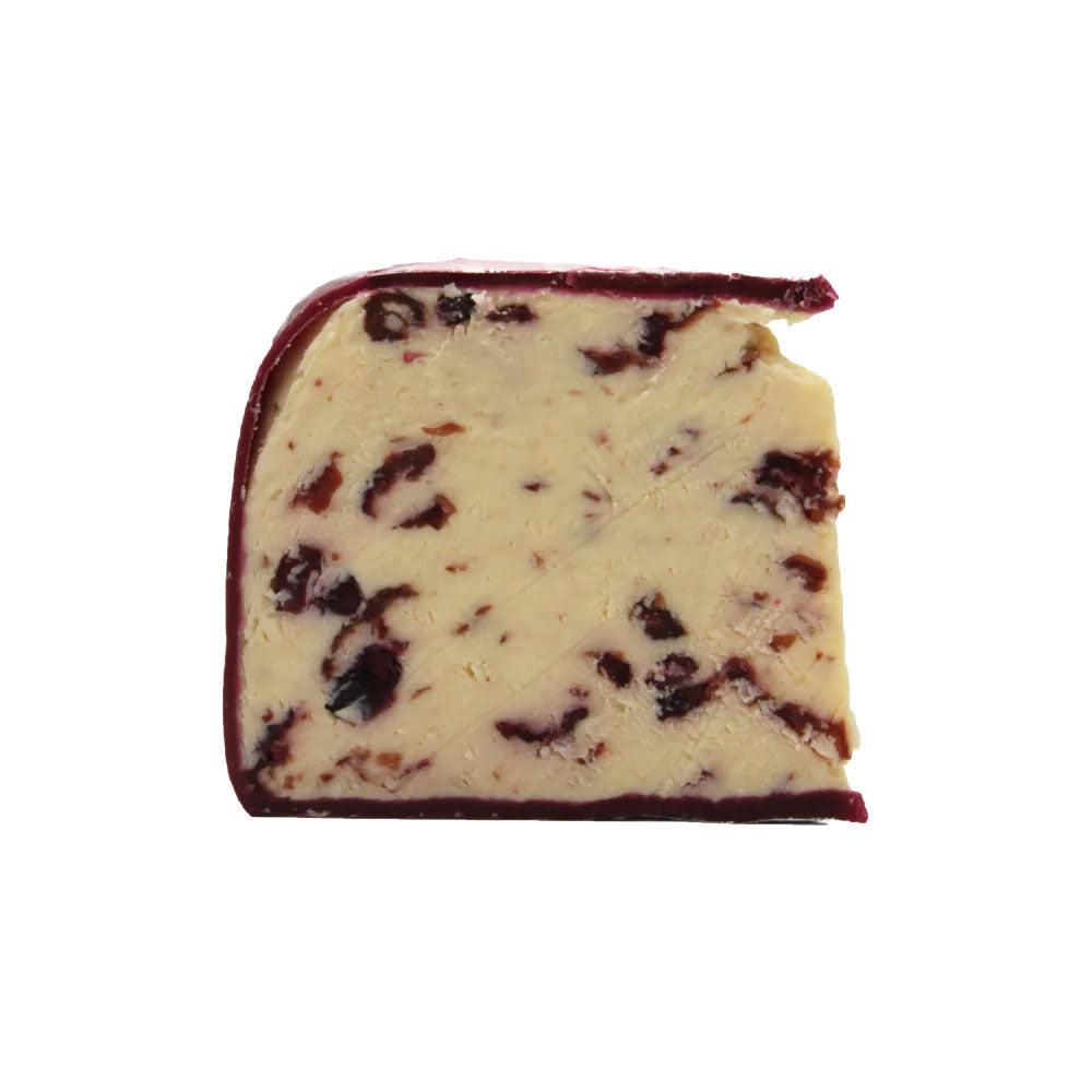 The Cheese Man matured cranberry cheddar cheese, a rich aged cheddar blended with sweet dried cranberries, offering a balanced sweet and savoury flavour in a premium gourmet cheese selection.