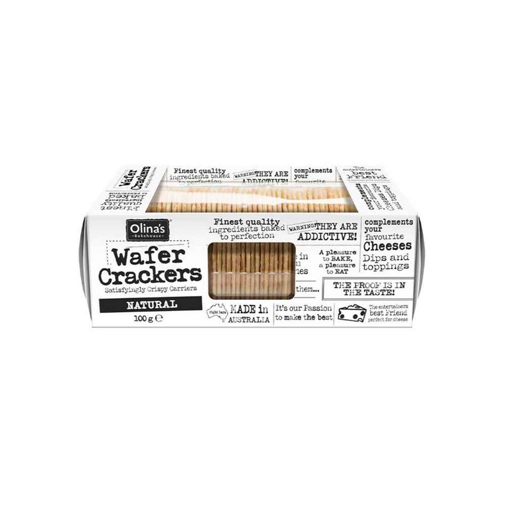 Olina’s Natural Wafer Crackers (100g), thin and crisp artisanal wafer crackers baked in Australia, designed for pairing with cheeses, dips, and gourmet toppings on cheeseboards and platters.