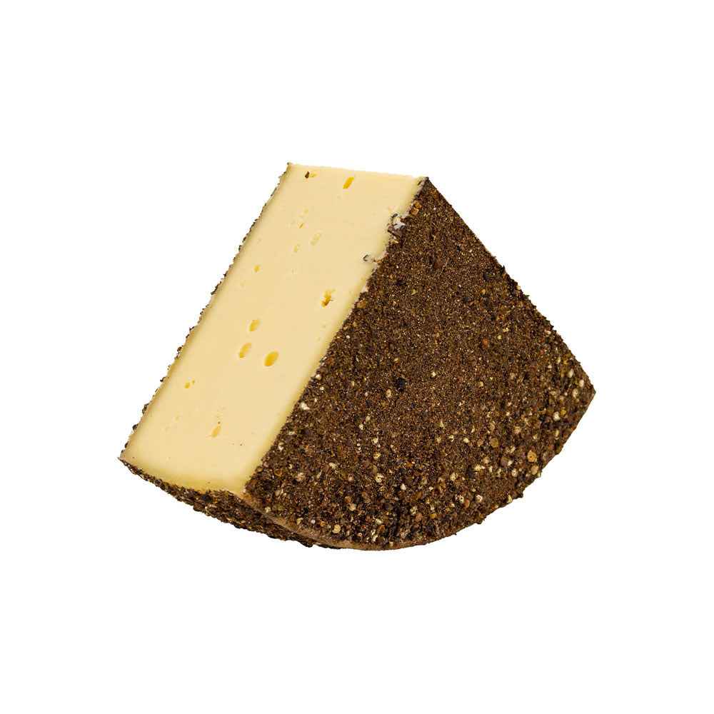 A wedge of semi-hard pepper-coated cheese with a creamy pale-yellow interior and a dark cracked pepper rind, offering a bold savoury profile ideal for cheeseboards, sandwiches, and gourmet pairings.
