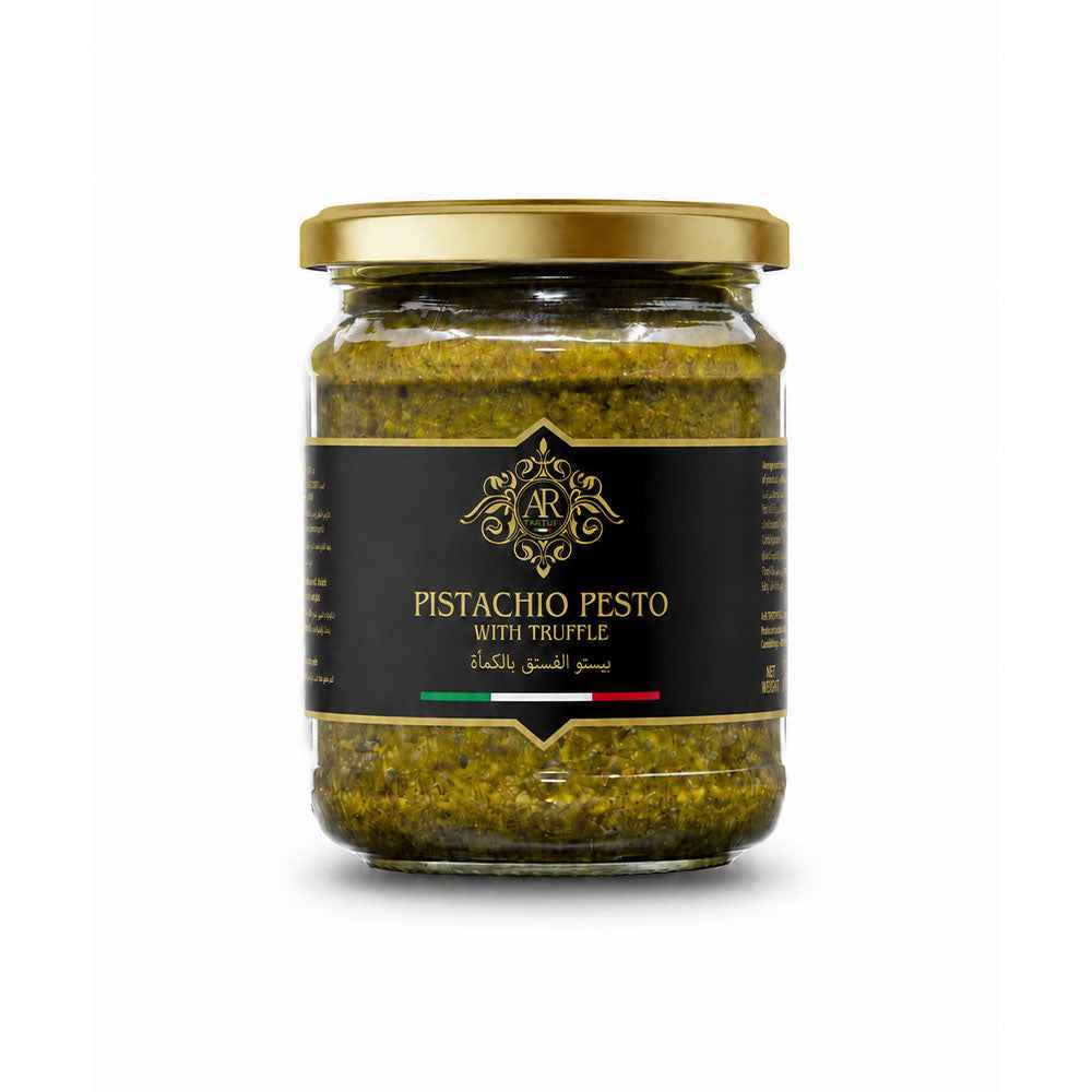 Pistachio Pesto with Truffle 180g is a gourmet pesto combining finely prepared pistachios with truffle, presented in an elegant glass jar for serving with pasta, bruschetta, cheese, and other savoury dishes. Buy truffle products online Dubai, truffle pesto Dubai, and premium gourmet truffles Dubai from The Cheese Man. Available for same-day delivery across Dubai and Abu Dhabi.
