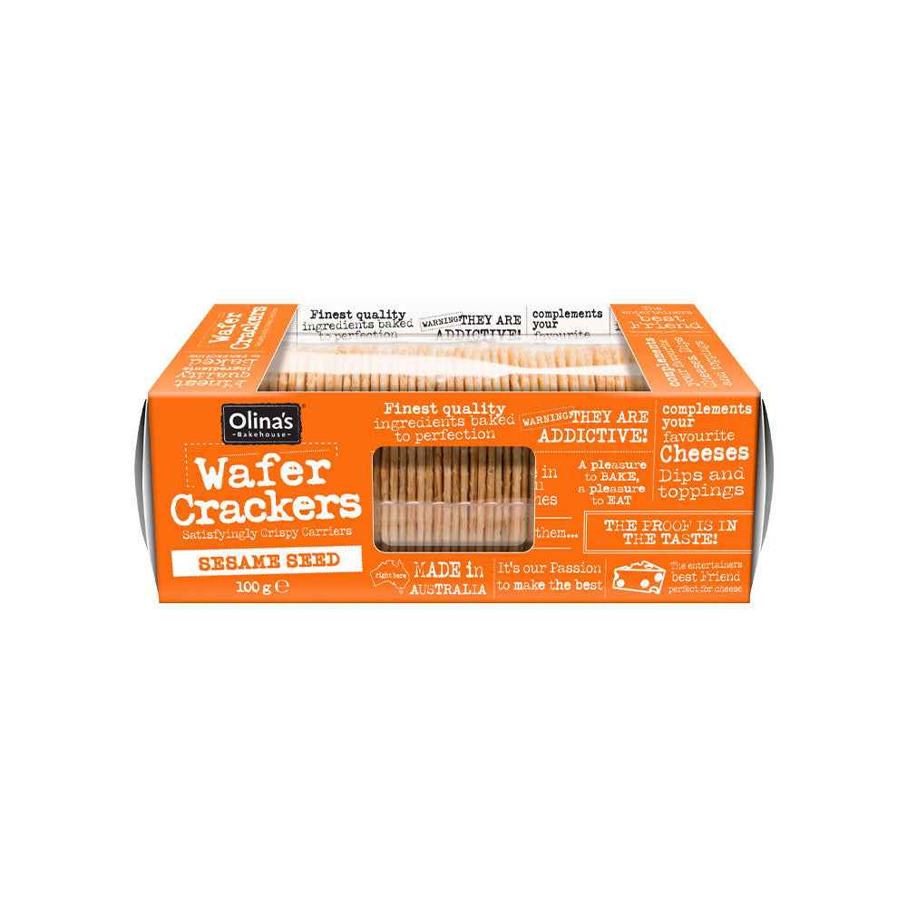 Olina’s Sesame Seed Wafer Crackers (100g), light and crisp artisan wafer crackers with toasted sesame seeds, crafted for pairing with cheeses, dips, and gourmet grazing boards.