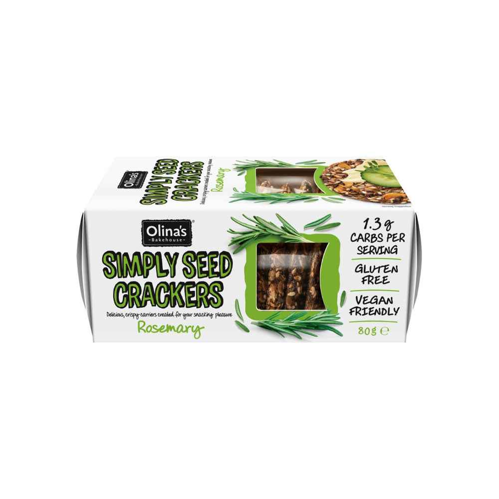 Olina’s Simply Seed Rosemary Crackers (80g), crisp artisan seed crackers infused with rosemary, offering a savoury herbaceous flavour ideal for cheese boards, dips, and gourmet snacking.