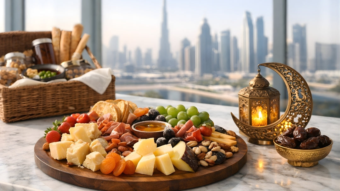 The Cheese Man Ramadan corporate gifting cheese board in Dubai, featuring premium cheeses, dates, nuts, olives, fresh fruit, and halal charcuterie with crescent lantern décor and city skyline backdrop.