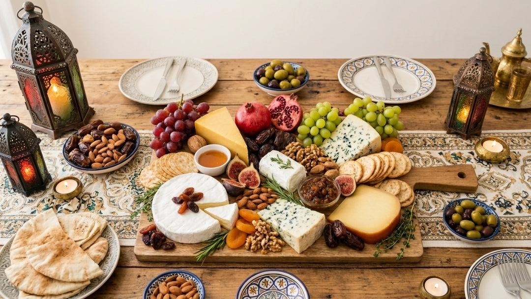 The Cheese Man Eid celebration cheese board featuring premium cheeses, dates, nuts, grapes, figs, crackers, and olives arranged on a wooden table with traditional lantern décor.