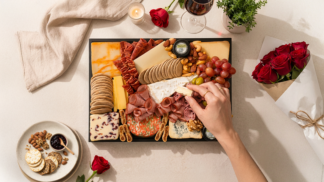Overhead view of a Valentine’s cheese and charcuterie board with assorted cheeses, cured meats, grapes, crackers, nuts, and roses arranged on a light table.