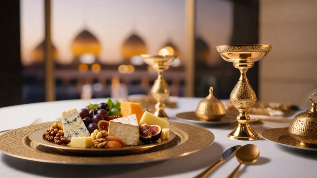 Elegant Ramadan cheese board with assorted cheeses, grapes, figs, and nuts served on a gold plate with traditional lanterns at sunset.