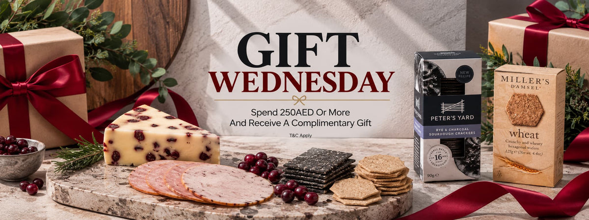 A thoughtful gift awaits with every qualifying Wednesday order. Spend AED 250 or more and receive a complimentary gourmet gift from The Cheese Man. Explore premium cheeses, fine charcuterie, artisanal crackers, and elegant accompaniments for entertaining and gifting. Order gourmet food Dubai, buy premium cheese online Dubai, cheese hamper Dubai, gourmet hamper delivery Dubai, luxury food gifts Dubai, artisanal food products Dubai, cheese and charcuterie Dubai, and gourmet gifting Dubai.