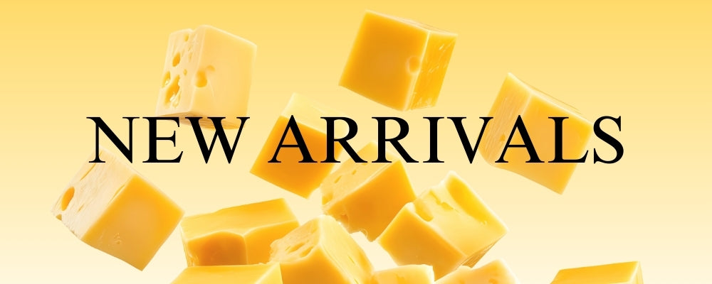 Promotional image of cheese cubes with 'NEW ARRIVALS' text on a yellow background