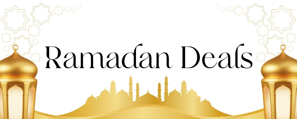 Promotional banner for Ramadan Deals with gold lanterns and a cityscape silhouette on a white background.