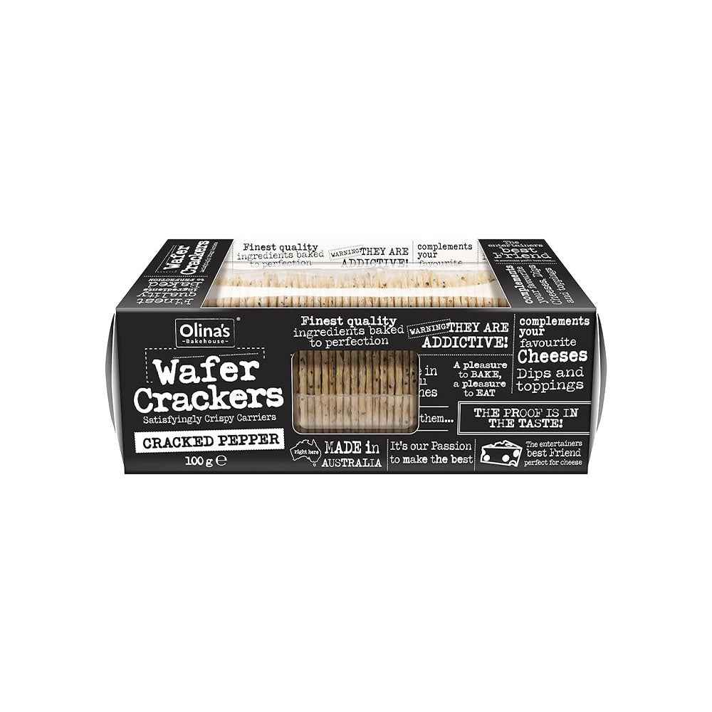 Olina’s Cracked Pepper Wafer Crackers (100g), light and crisp artisan wafer crackers seasoned with cracked black pepper, ideal for pairing with cheeses, dips, and gourmet accompaniments.