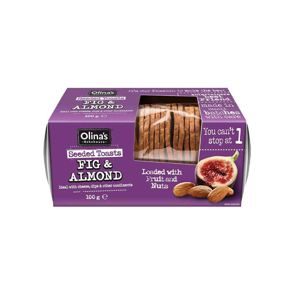 Olina’s Fig & Almond Seeded Toasts (100g), artisanal twice-baked seeded crackers with figs and almonds, offering a crisp texture and lightly sweet nutty flavour ideal for cheese boards and gourmet pairings.