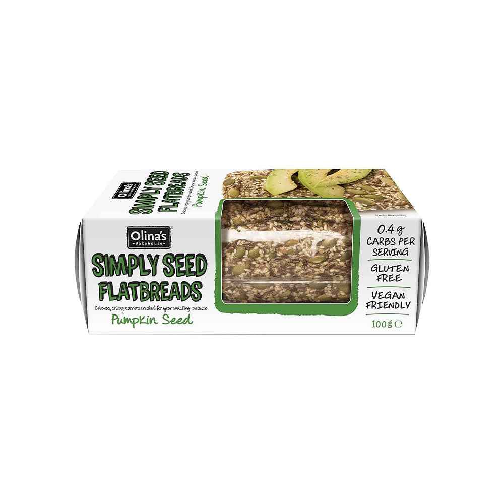 Olina’s Gluten Free Pumpkin Seeded Flatbreads (100g), crisp artisan seed flatbreads made with pumpkin seeds and gluten-free ingredients, offering a rich nutty flavour ideal for cheese boards and gourmet pairings.