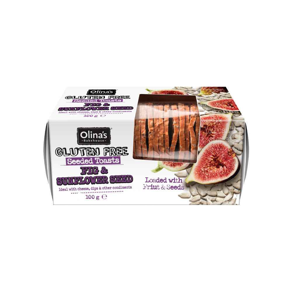 Olina’s Gluten Free Fig & Sunflower Seeded Toasts (100g), crisp artisanal seeded toasts with figs and sunflower seeds, offering a lightly sweet nutty flavour ideal for cheese boards, dips, and gourmet pairings.