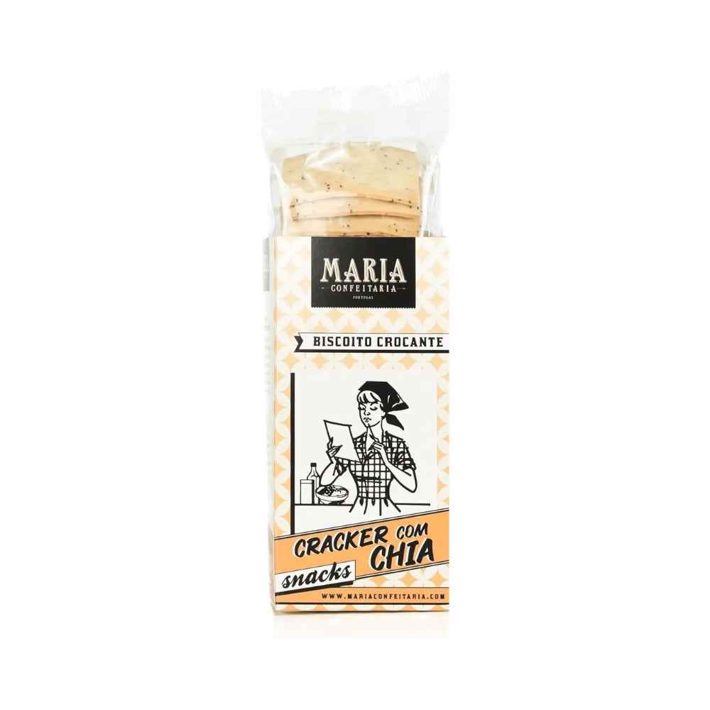 Maria Confeitaria Cracker com Chia crispy Portuguese crackers in retail packaging, ideal for pairing with artisan cheeses, charcuterie boards, dips, and gourmet snacks. Available for delivery across UAE. Free delivery over AED249.